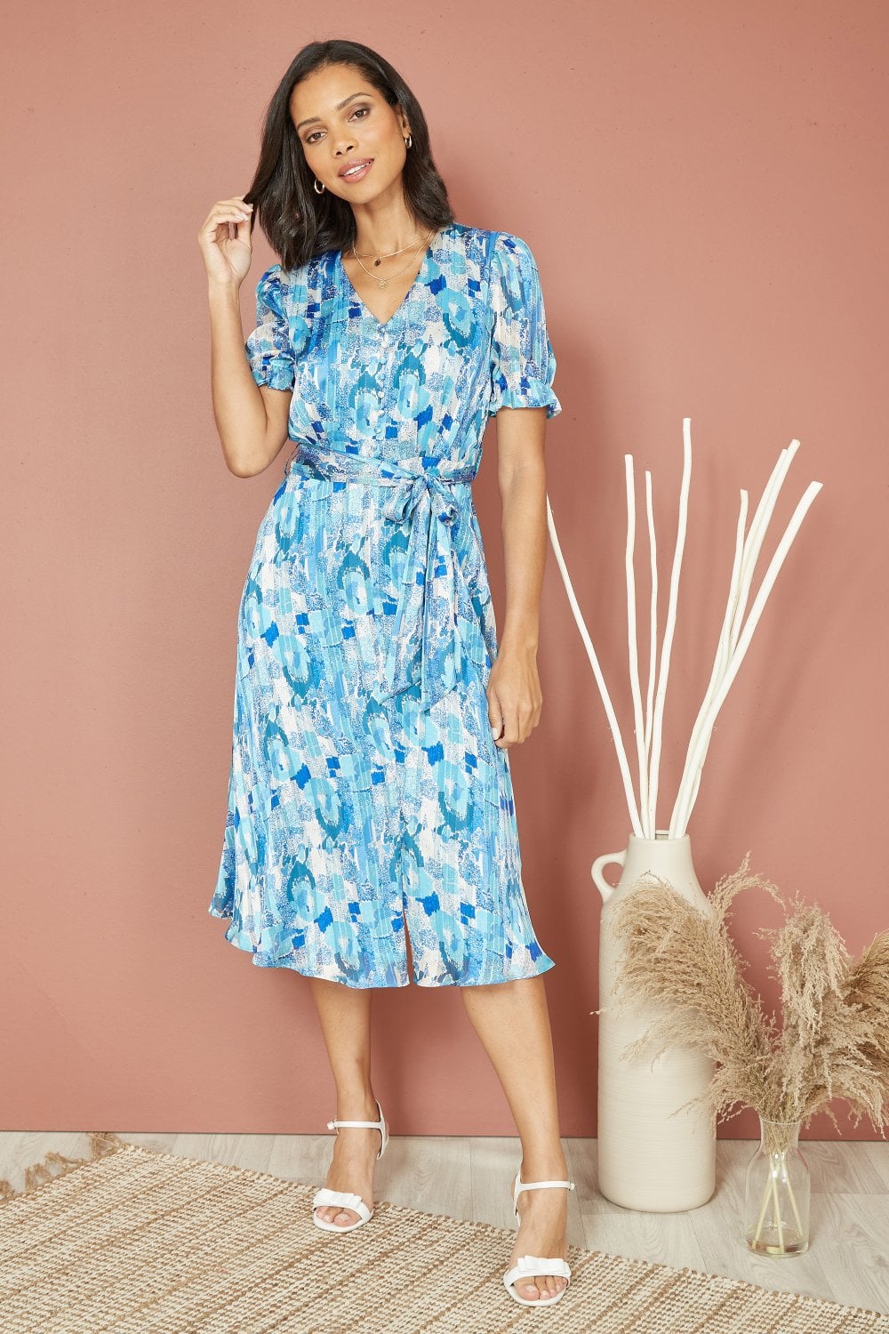 Mela Blue Abstract Print Tea Dress With Pleats And Front Split