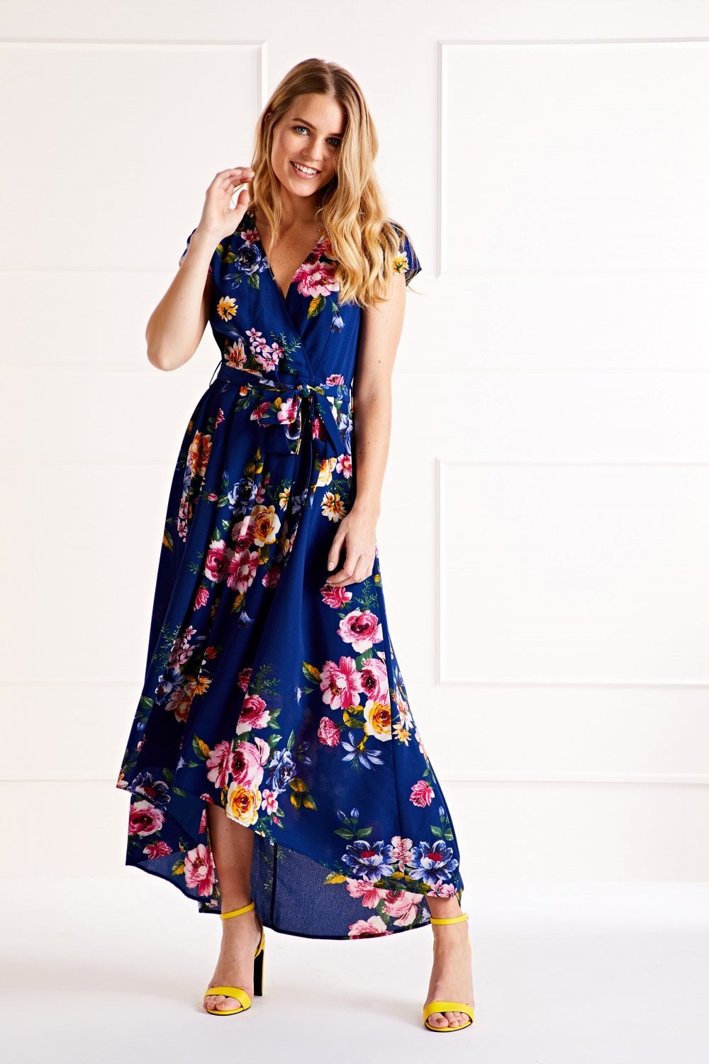 Mela Blue Floral Wrap Over Dipped Hem Midi Dress