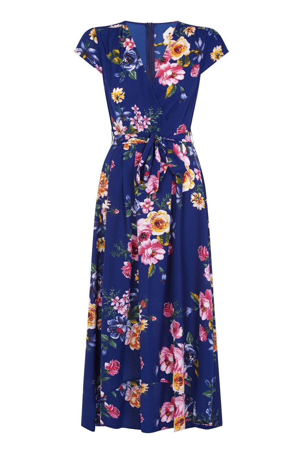 Mela Blue Floral Wrap Over Dipped Hem Midi Dress