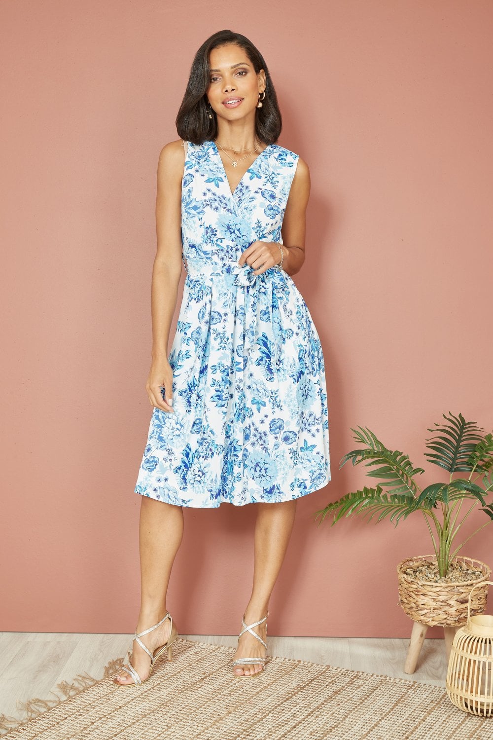 Mela Blue Floral Wrap Over Skater Dress