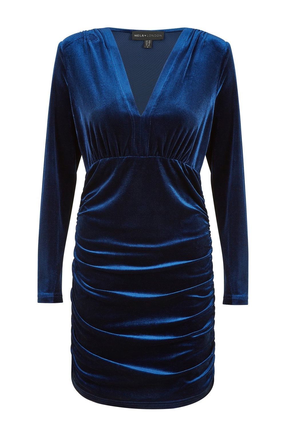 Mela Blue Velvet Long Sleeve Ruched Fitted Dress