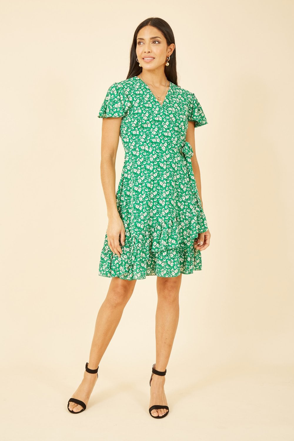 Mela Green Ditsy Floral Wrap Frill Dress
