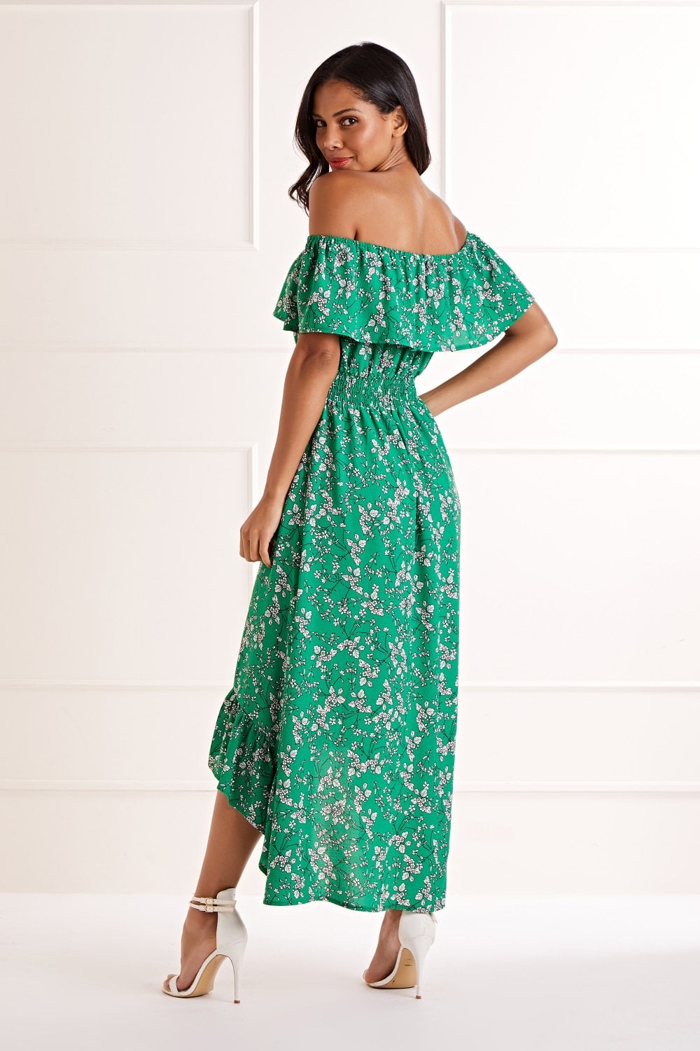 Mela Green Ditsy Print Bardot Dipped Hem Dress