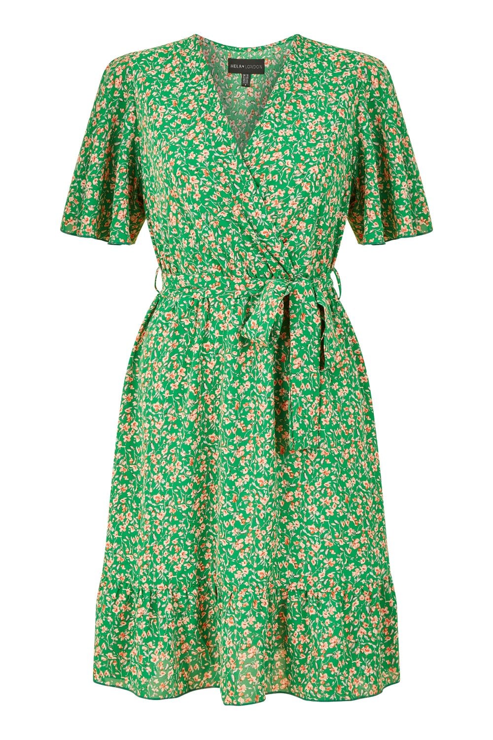 Mela Green Ditsy Print Wrap Front Skater Dress