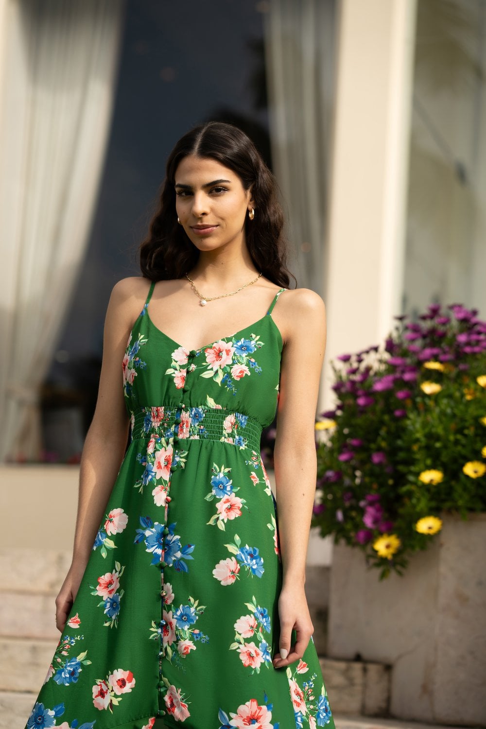 Mela Green Floral High Low Frill Midi Dress