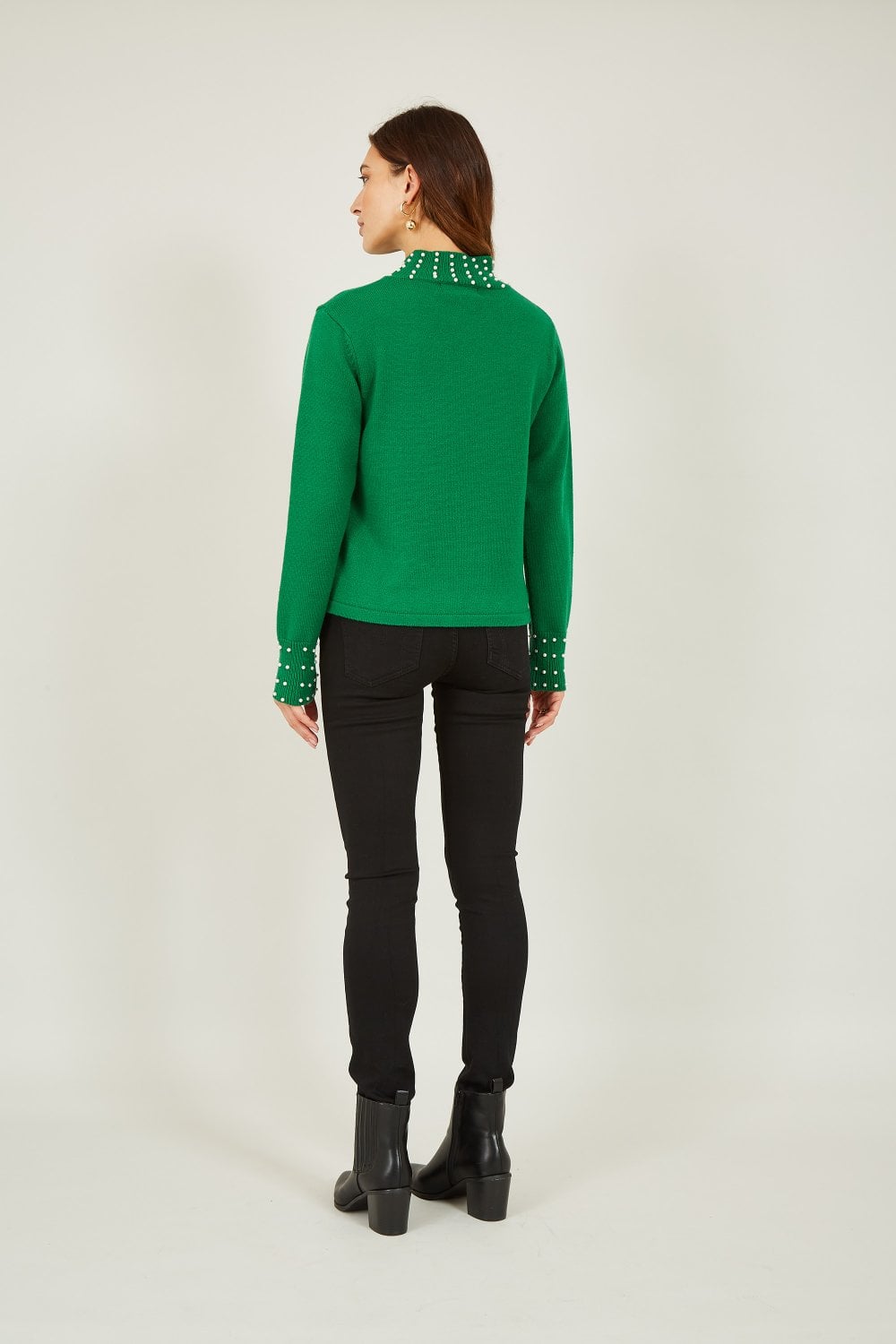 Mela Green Pearl Detail High Neck Jumper