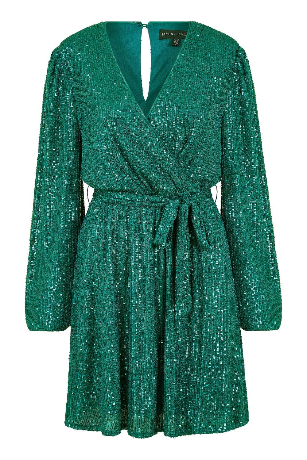 Mela Green Sequin Belted Wrap Long Sleeve Dress