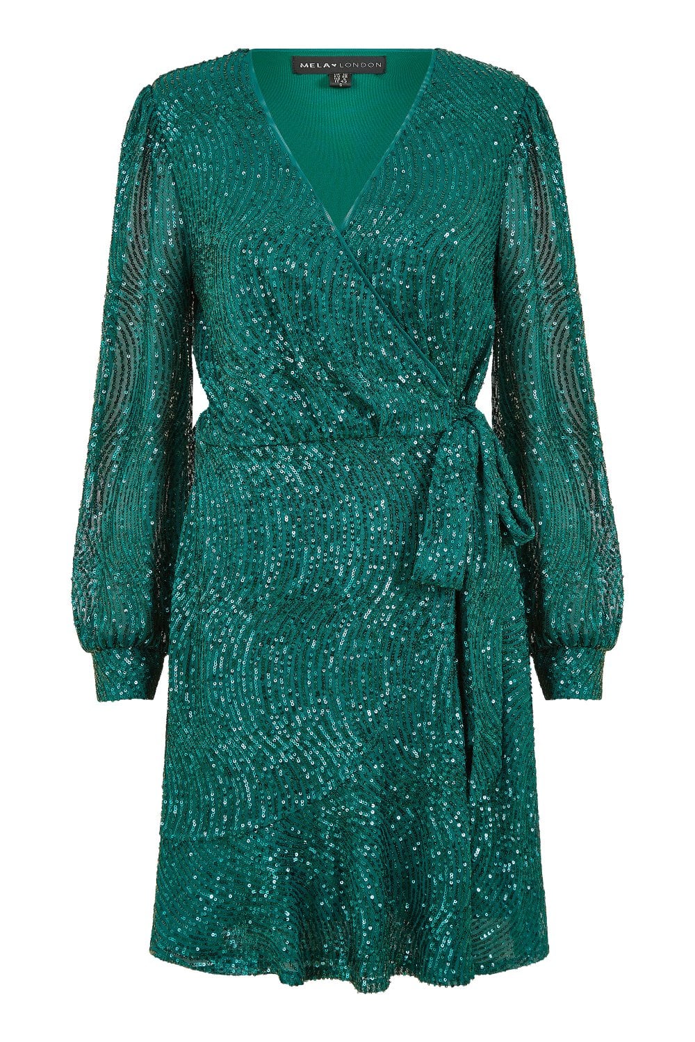 Mela Green Sequin Long Sleeve Frill Wrap Dress