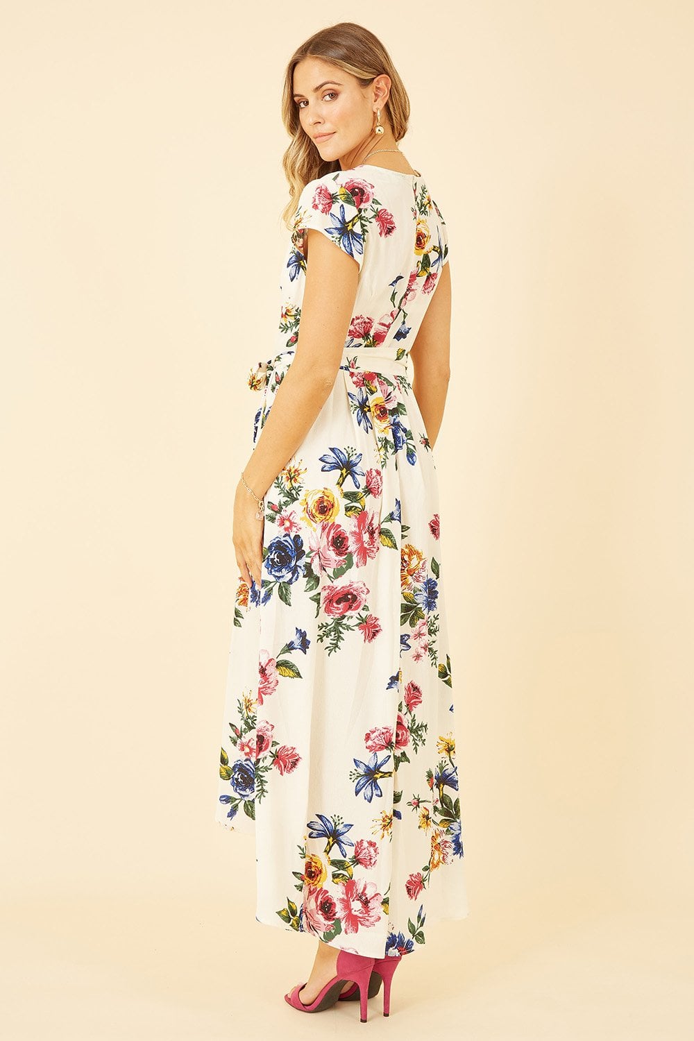 Mela Ivory Floral Wrap Dip Hem Dress