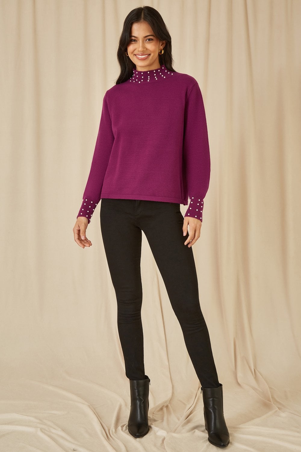 Mela Plum Pearl Detail High Neck Jumper