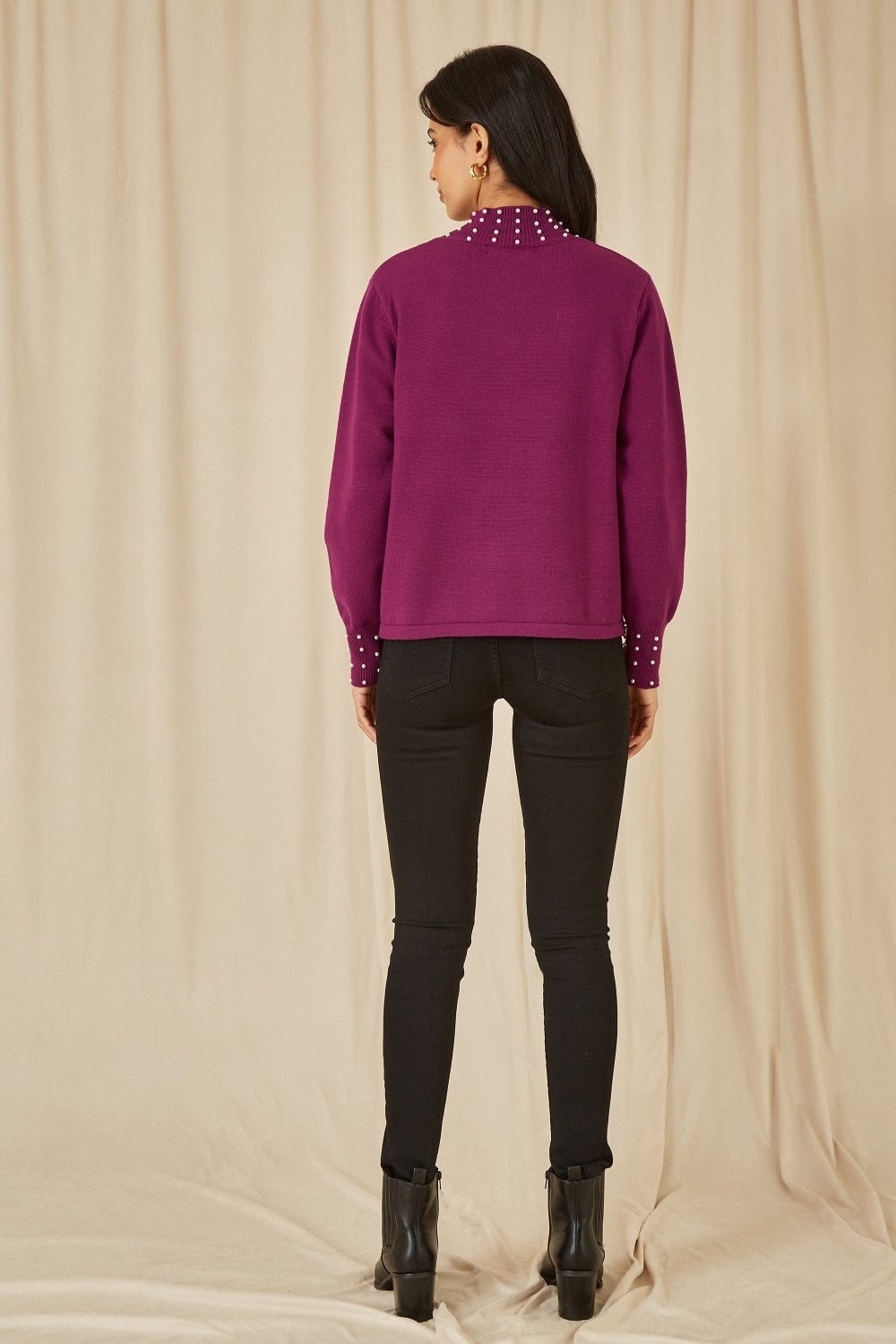 Mela Plum Pearl Detail High Neck Jumper