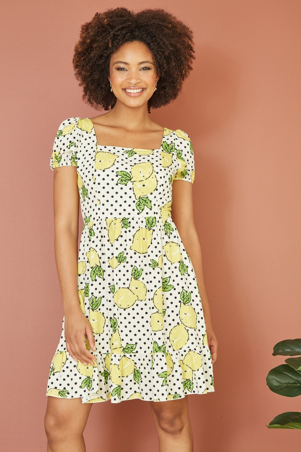 Mela White Viscose Lemon Print Skater Dress With Balloon Sleeves