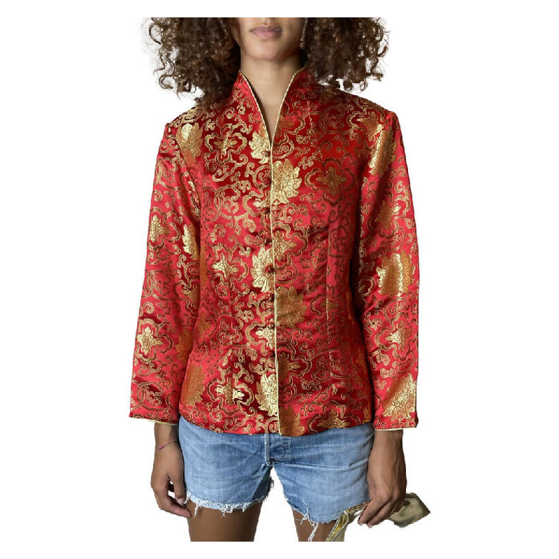 Original Vintage Oriental Red & Gold Floral Print Satin Jacket UK 8 - 12