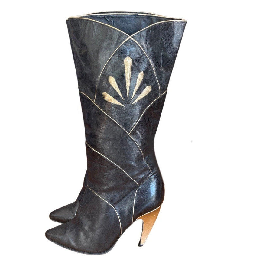 Incredible 1980's Original Vintage Black & Gold Boots UK 5