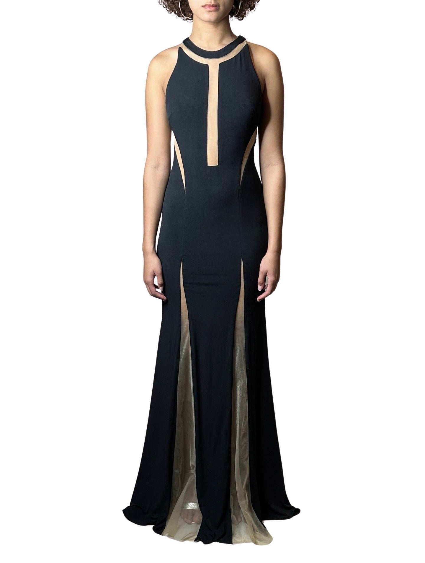 1970'S Vintage Black with Sheer Panelling Maxi Dress Uk 8 - 10