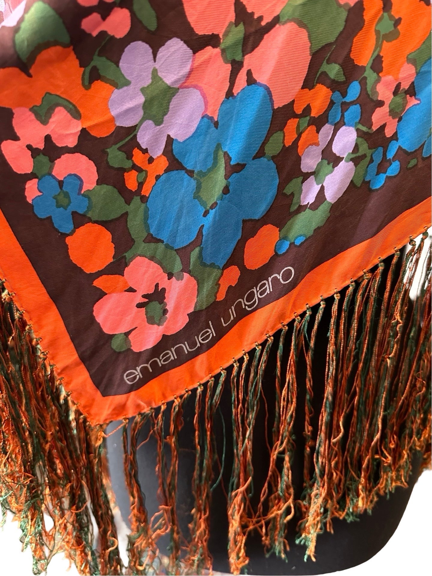 Original Vintage Gorgeous Fringed Floral Print 100% Silk Scarf by Emanuel Ungaro