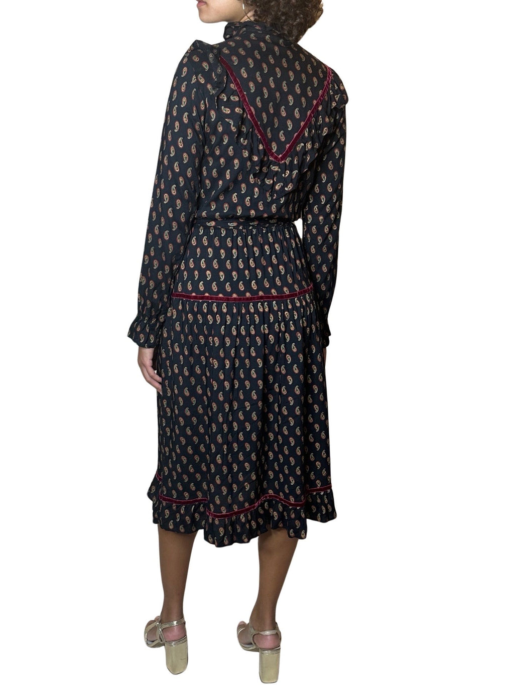 Original 1980's Vintage Paisley Print & Velvet Trim Black Dress UK 8 - 10
