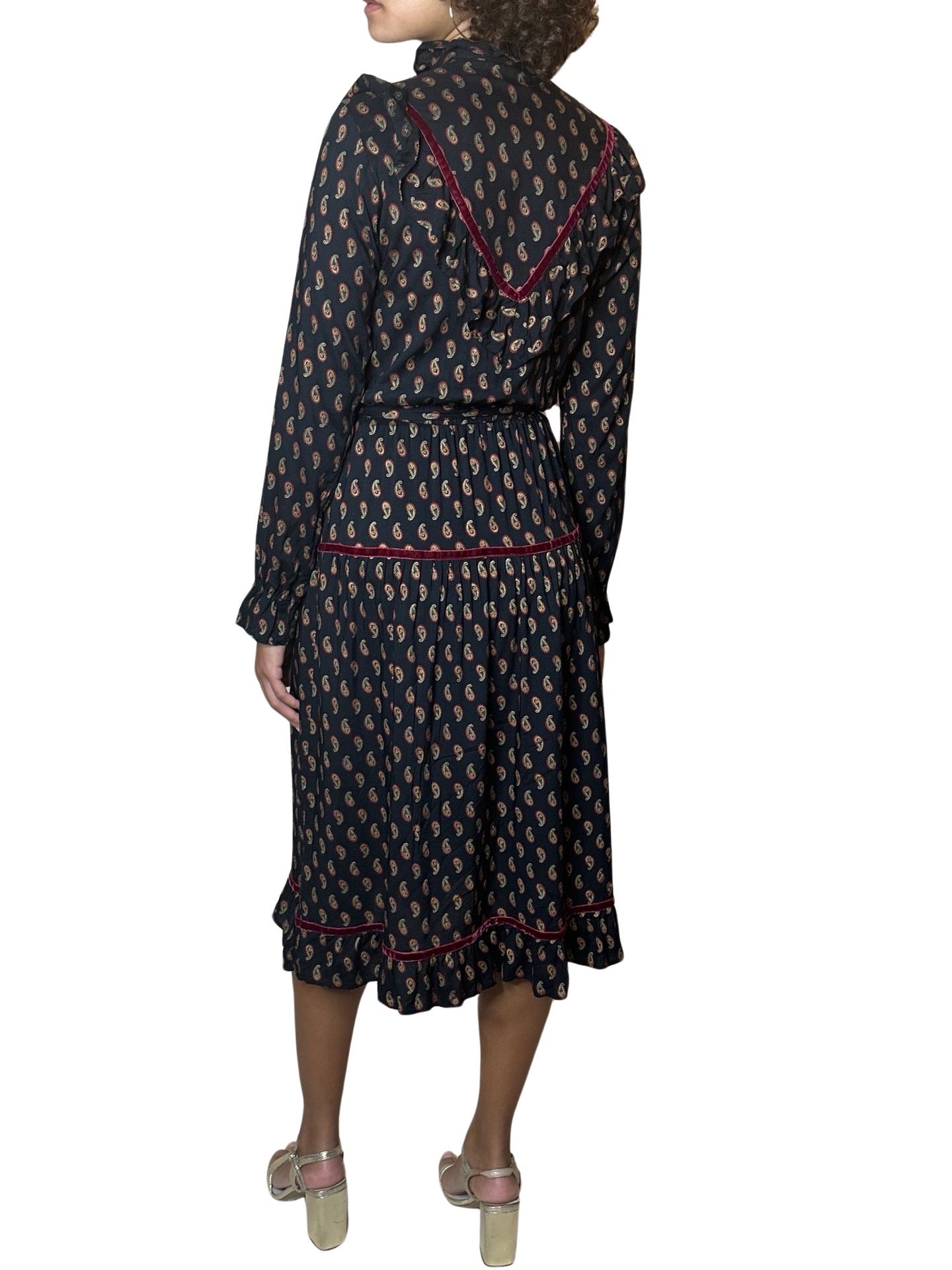Original 1980's Vintage Paisley Print & Velvet Trim Black Dress UK 8 - 10