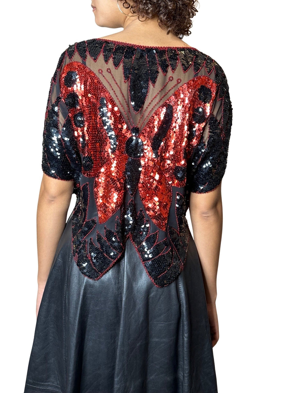 Original 1970's Vintage Black / Red Sequinned Butterfly Top UK 8 - 12