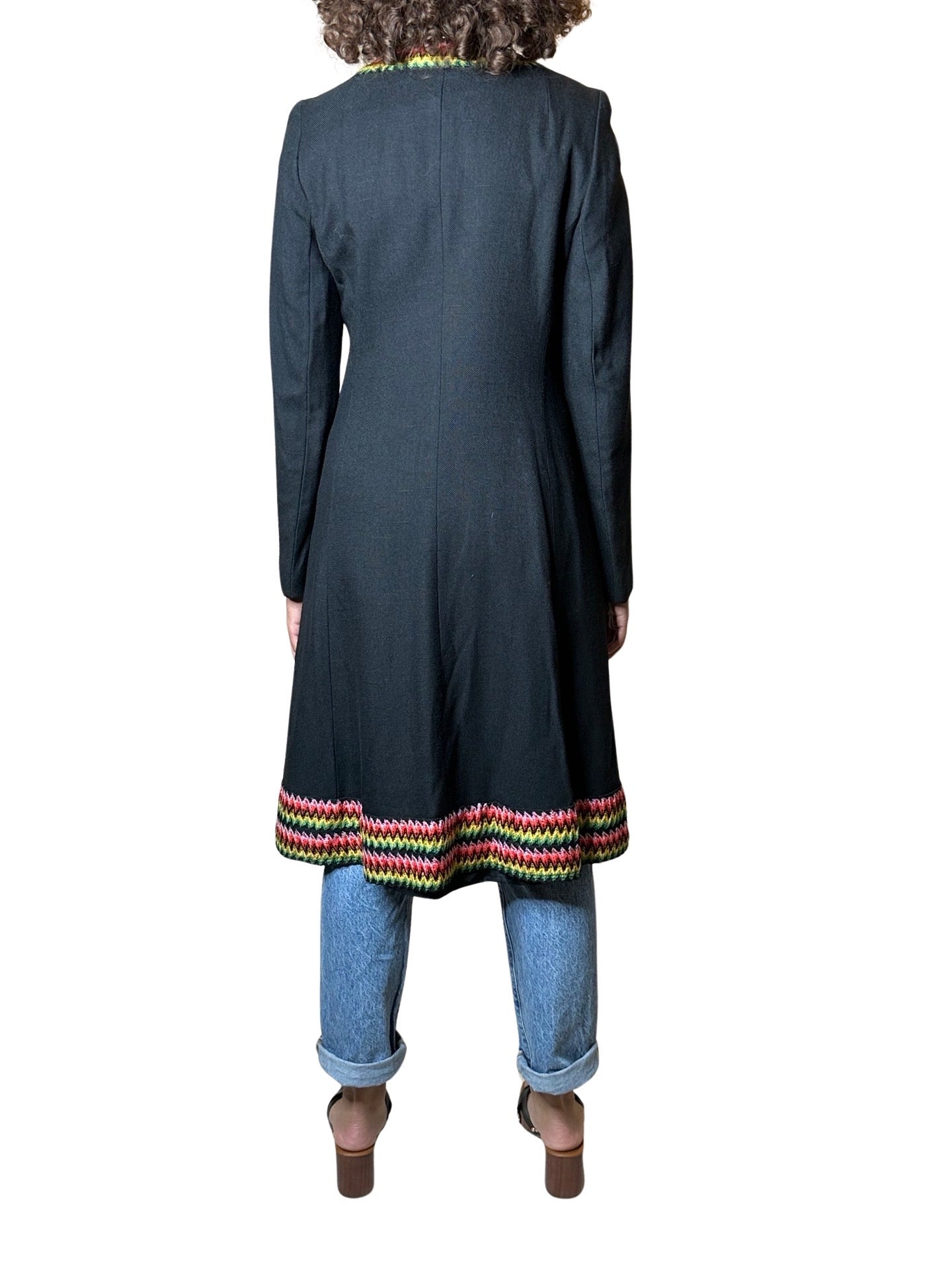 Original Vintage 1970's Black Boho / Hippie Wool Coat UK 8 - 12