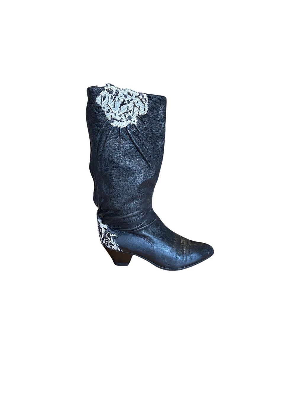 Original 1980's Vintage Black Leather Boots With Snakeskin Detailing UK 6