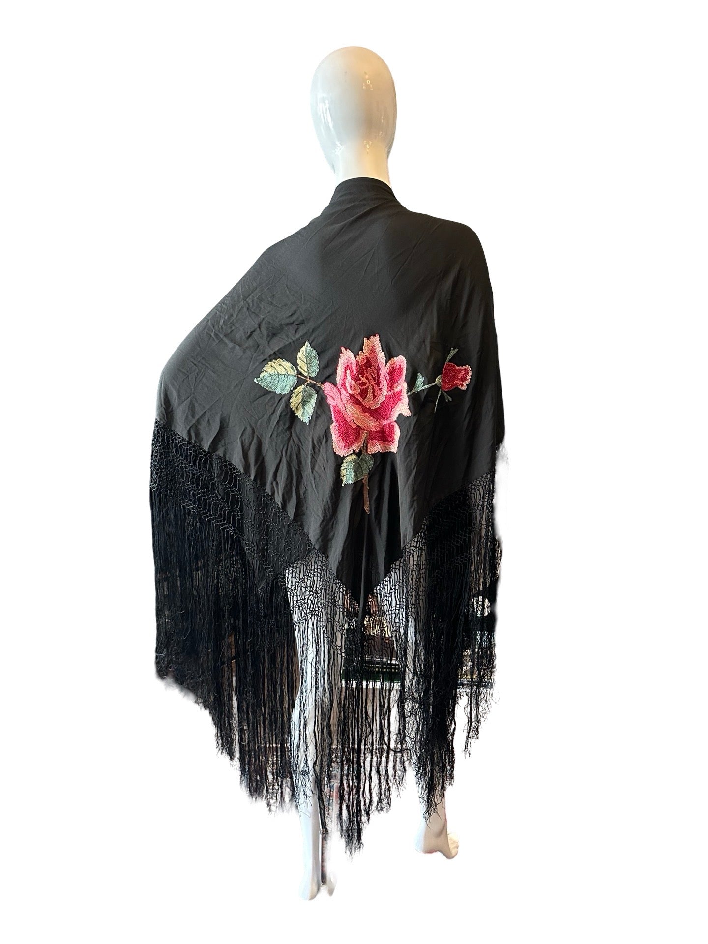Original Vintage Black &amp; Embroidered Floral Piano Shawl 100% Silk Scarf