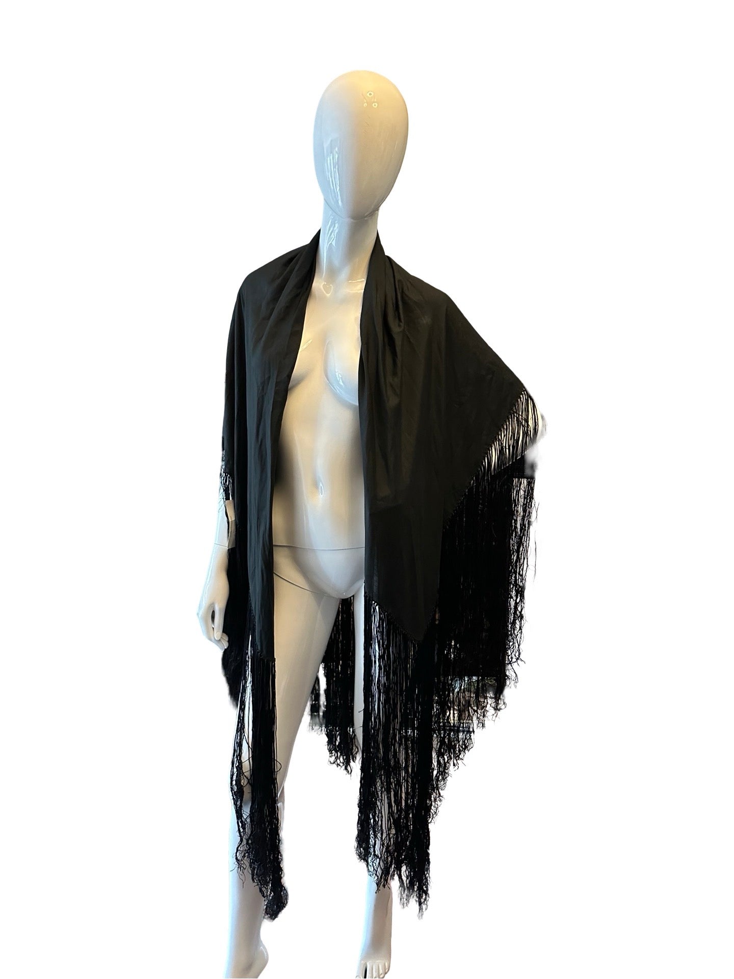 Original Vintage Black & Embroidered Floral Piano Shawl 100% Silk Scarf