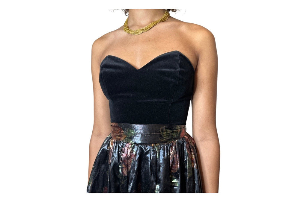 Original 1970's Vintage Black Velvet & Bronze Floral Print Dress by Radley UK 8 - 12