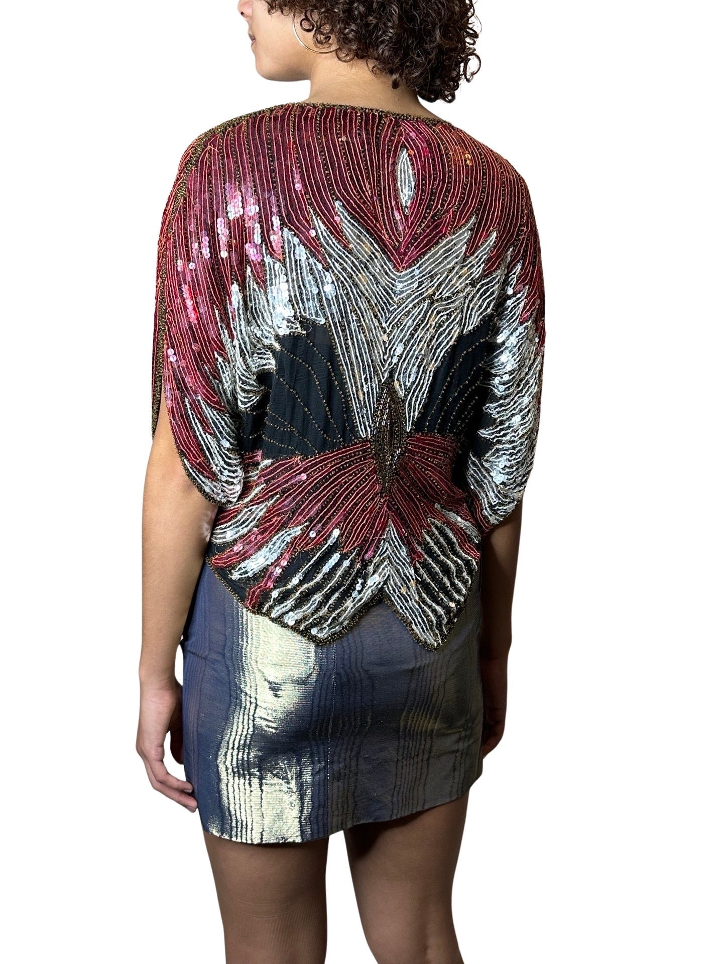 Original Vintage Late 1970's Red / Silver / Black Sequinned Butterfly Top UK 8 - 14