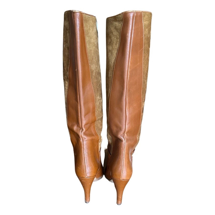 Original Vintage 1970's Brown Tan & Suede Knee High Boots UK 5