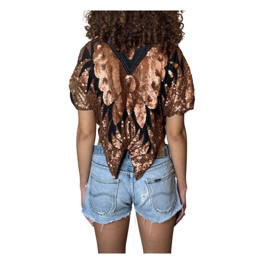 Original Vintage Late 1970's Black & Bronze Silk Sequin Butterfly Top UK 6 - 14