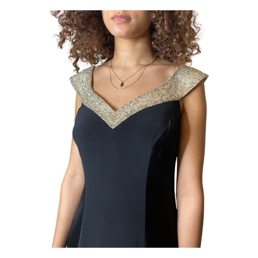 Vintage 1990's Black Crepe / Satin & Silver Beaded Dress UK 12