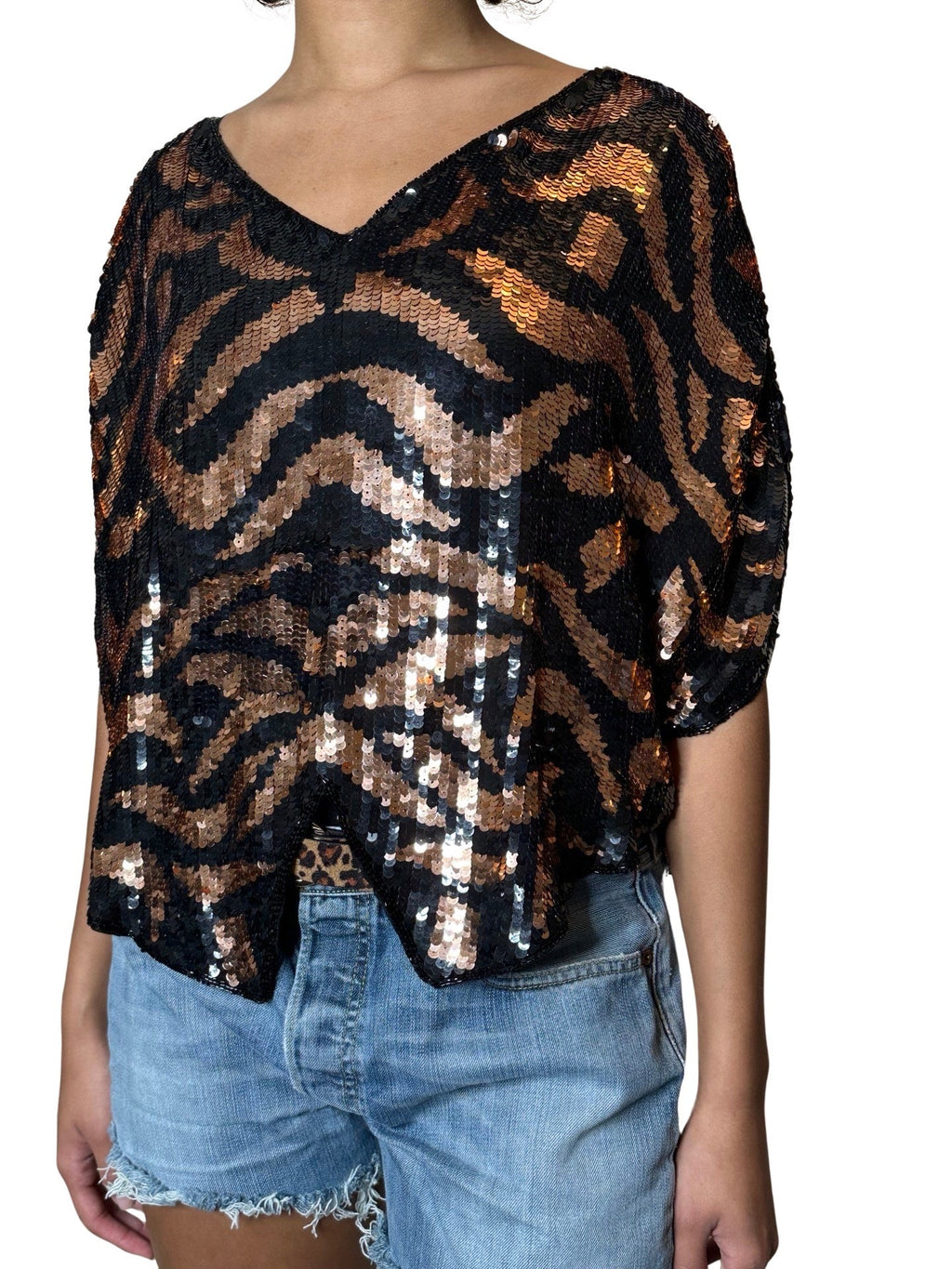 Original 1990's Vintage Tiger Print Black & Bronze Sequin Top UK 8 - 12