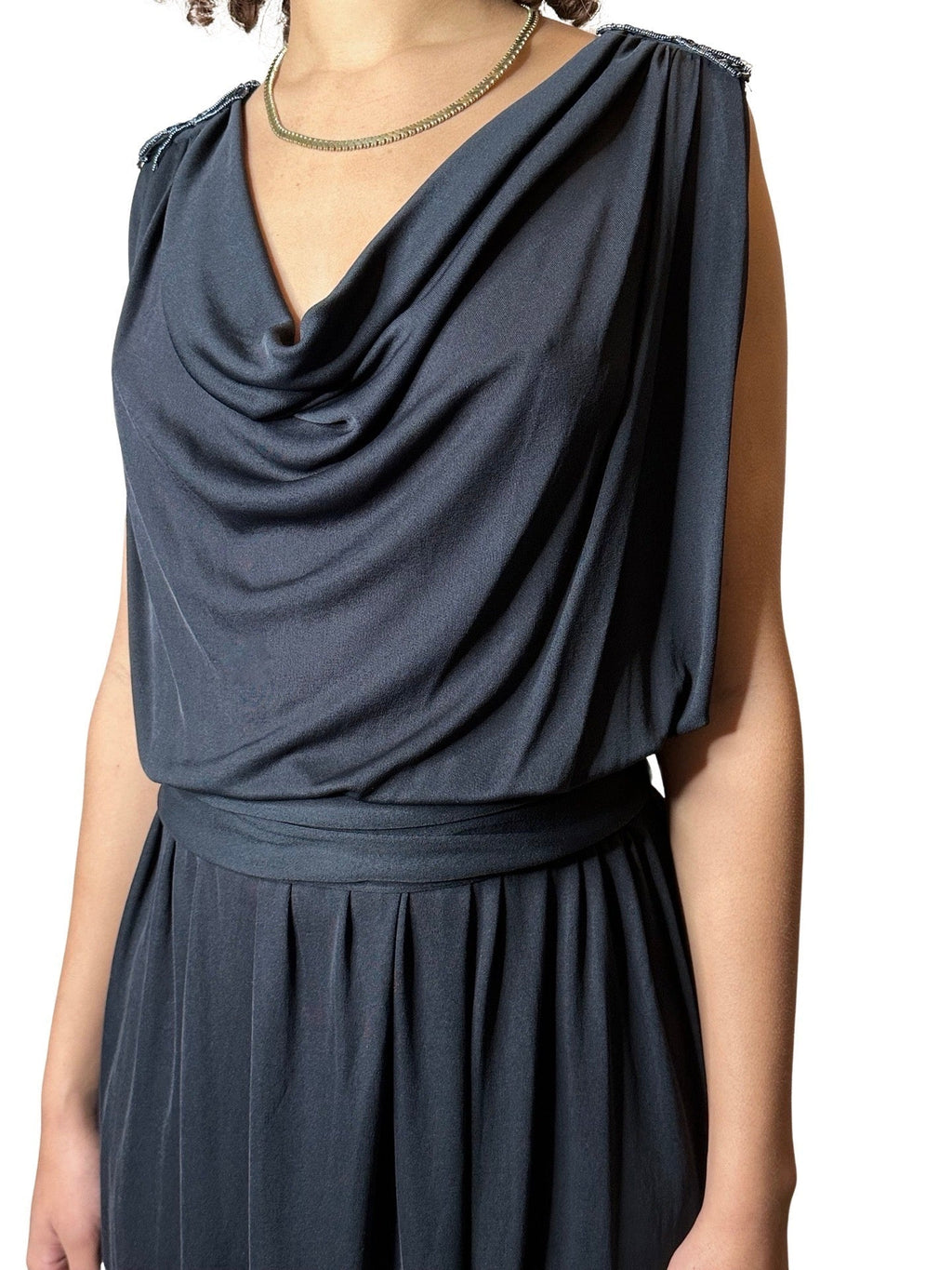 Original 1970's Vintage Black Disco Dress With Sequin Shoulder Detailing UK 8 - 12