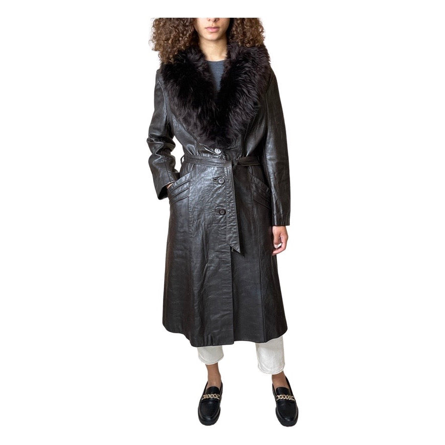 Lovely Original 1970's Vintage Brown Leather & Sheepskin Coat UK 12 - 16