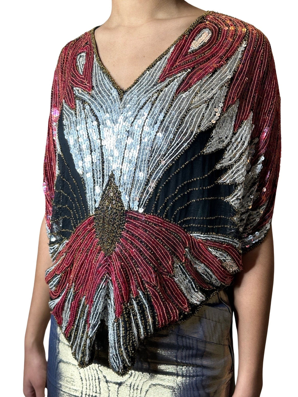 Original Vintage Late 1970's Red / Silver / Black Sequinned Butterfly Top UK 8 - 14