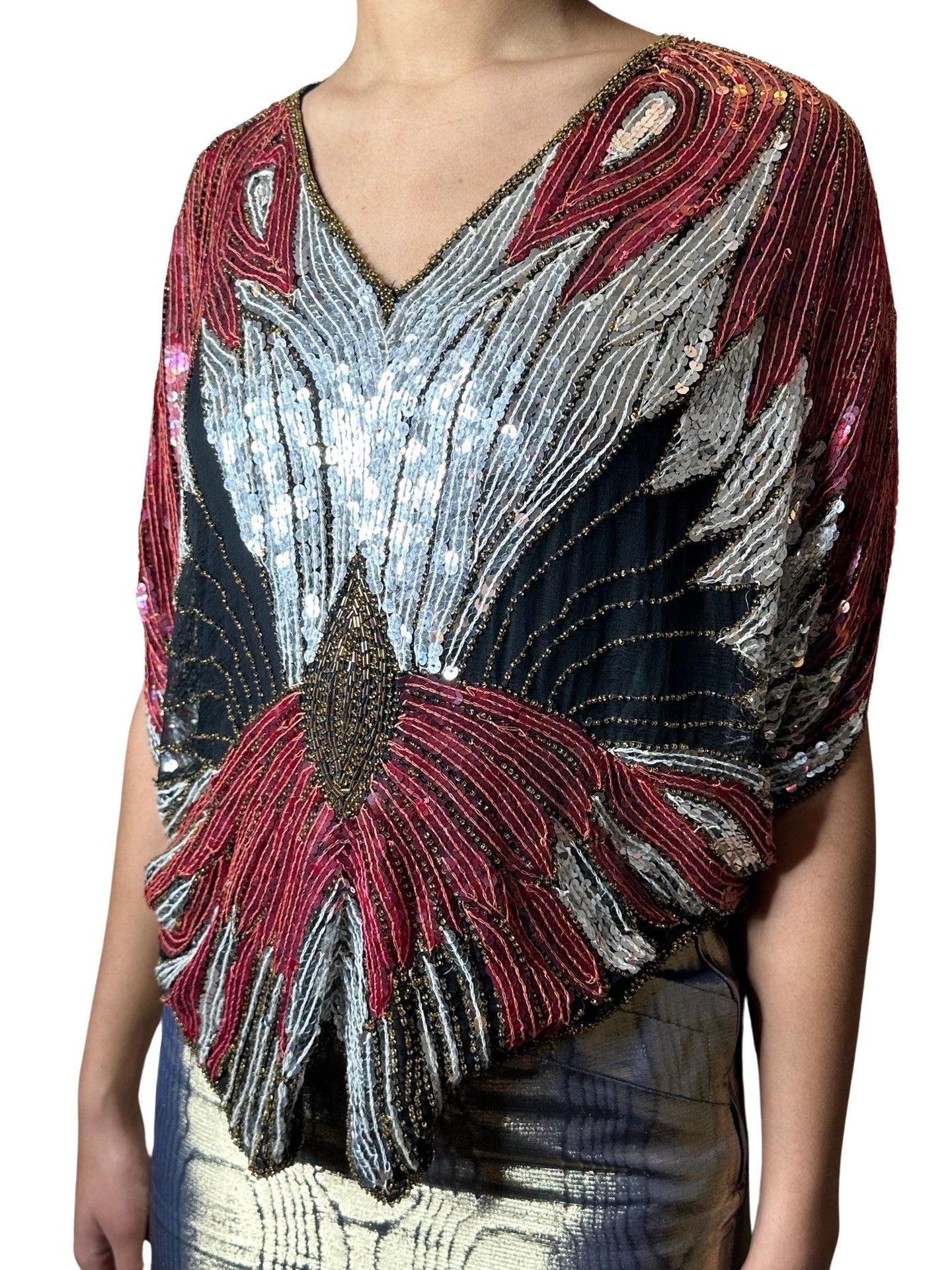 Original Vintage Late 1970's Red / Silver / Black Sequinned Butterfly Top UK 8 - 14