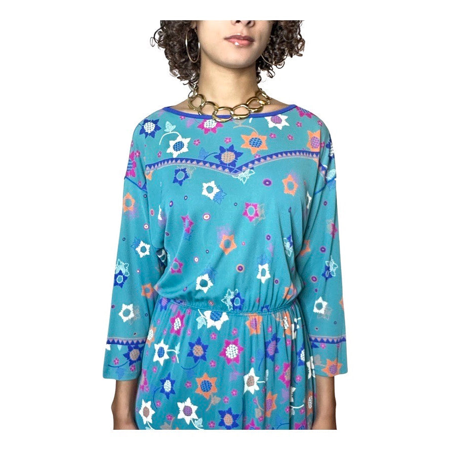 Original Vintage Virginie Paris Turquoise Floral Print Dress UK 8 - 12