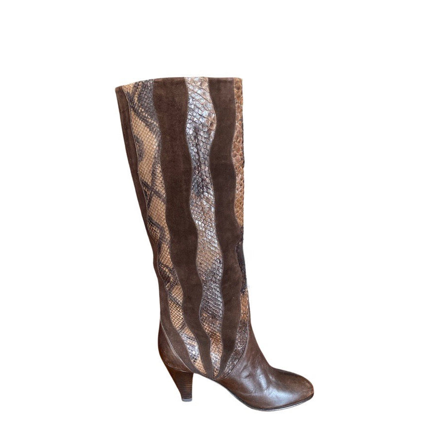 Incredible Vintage 1990's Leather, Suede & Snakeskin Brown Boots UK 4.5
