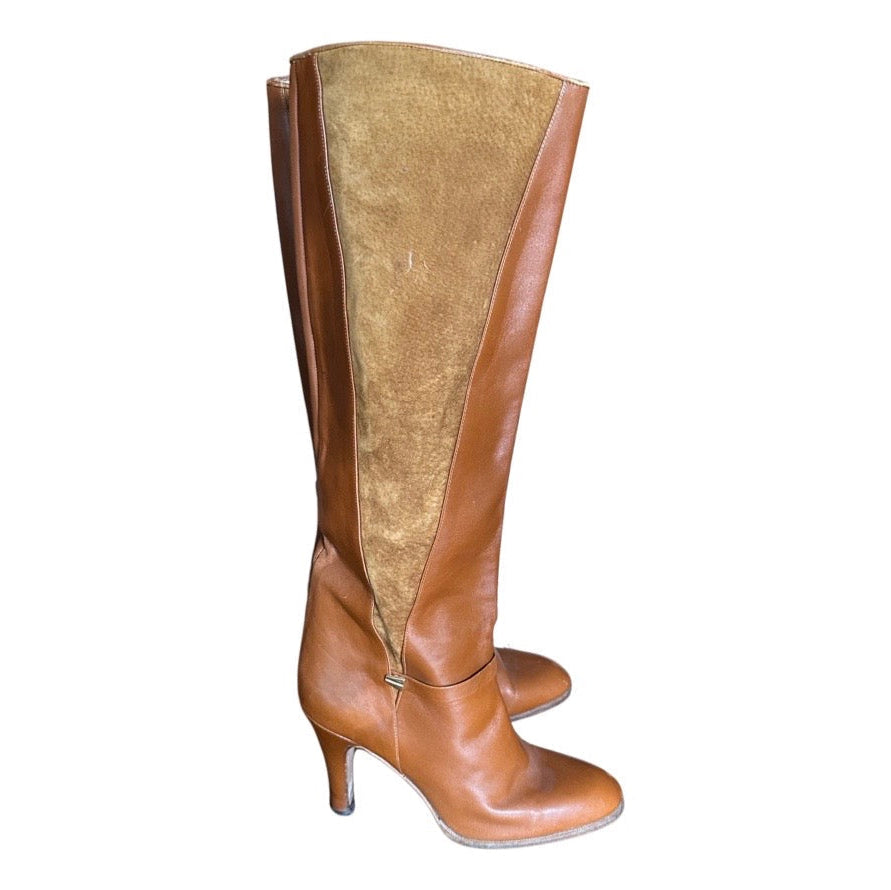 Original Vintage 1970's Brown Tan & Suede Knee High Boots UK 5