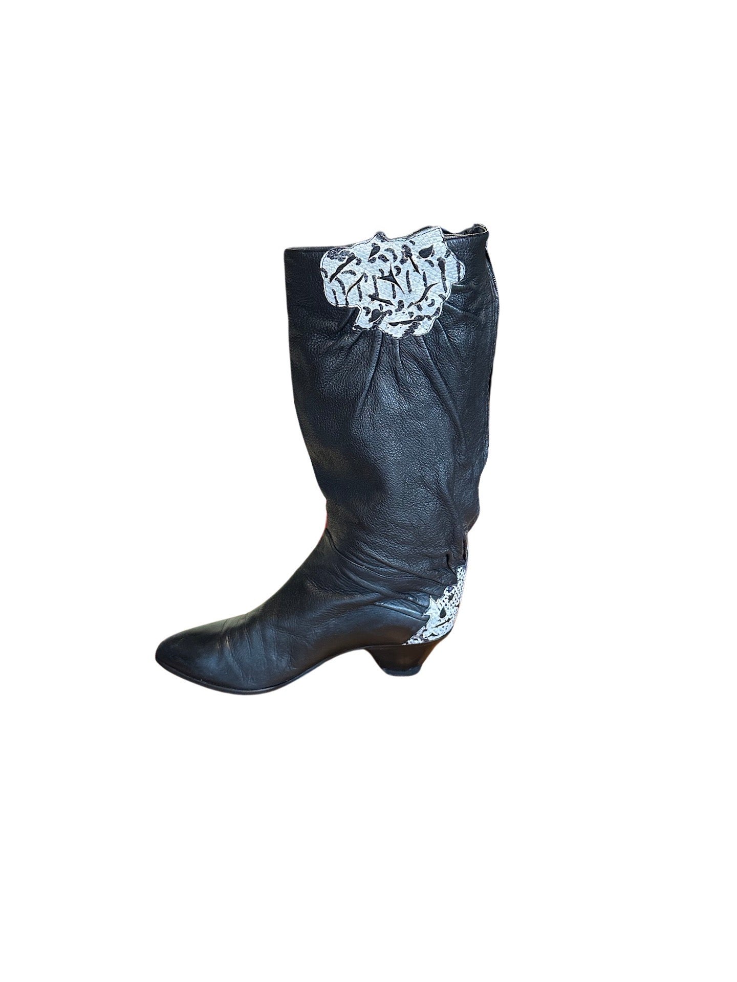 Original 1980's Vintage Black Leather Boots With Snakeskin Detailing UK 6