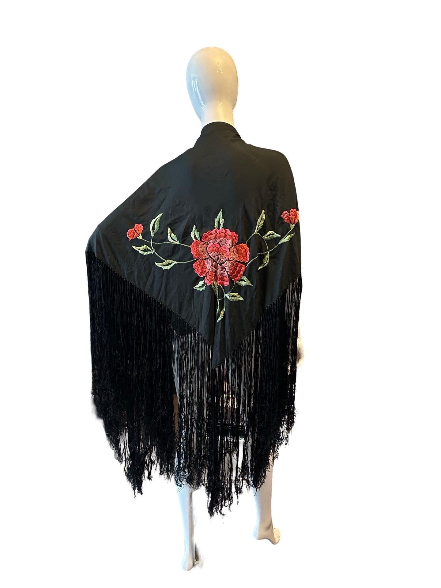 Original Vintage Black & Embroidered Floral Piano Shawl 100% Silk Scarf