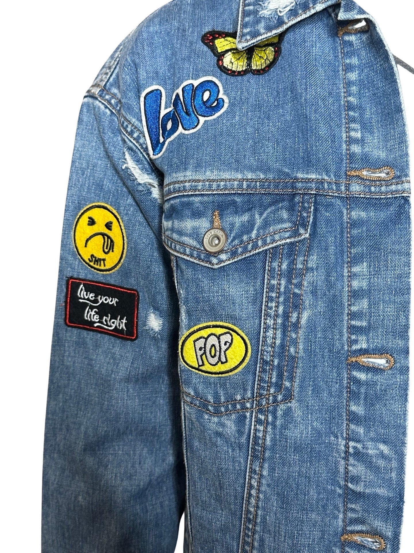 Vintage Blue Distressed Denim Patch Jacket UK 8 - 14