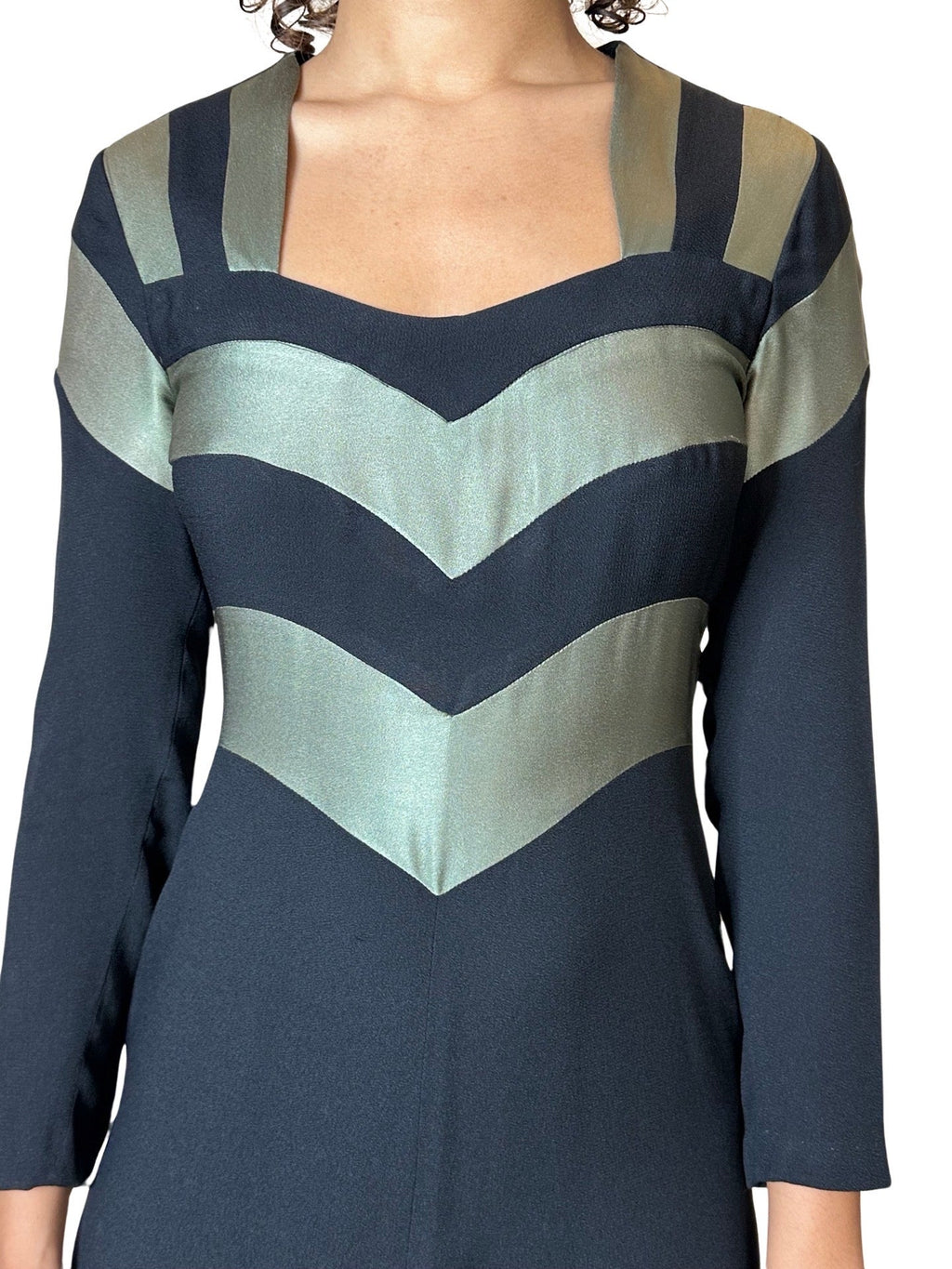 1970's Original Vintage Very Rare Ossie Clark Black & Metallic Green Dress UK 8 - 10