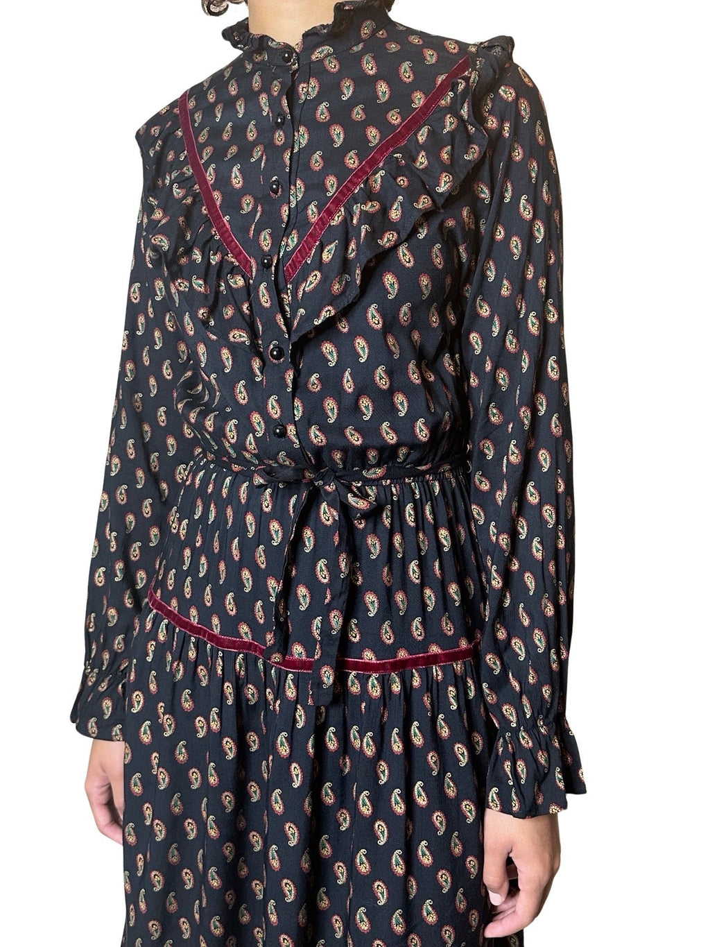 Original 1980's Vintage Paisley Print & Velvet Trim Black Dress UK 8 - 10