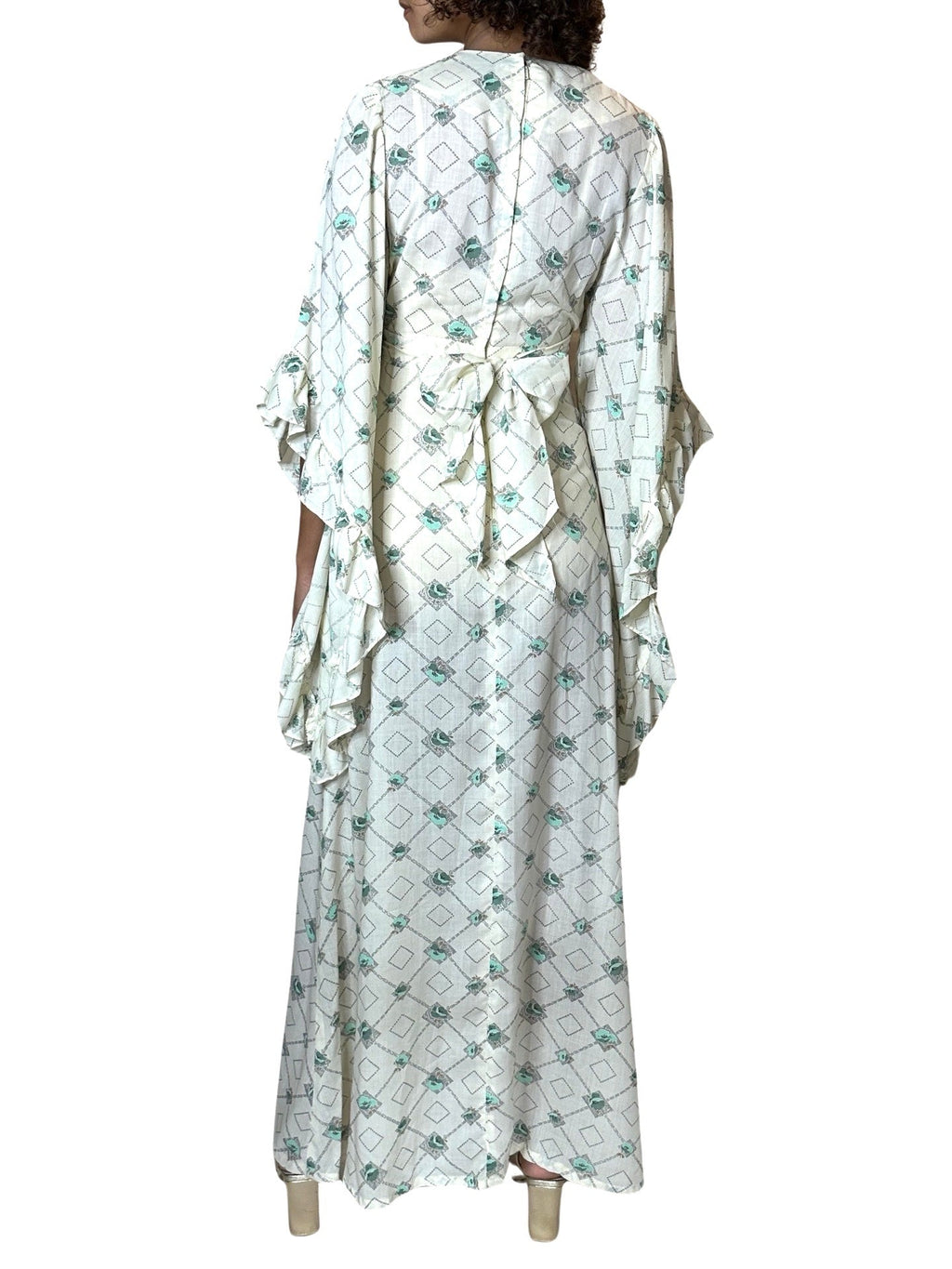 1970's Vintage Cream Printed Angel Sleeve Wedding Dress UK 8 - 14