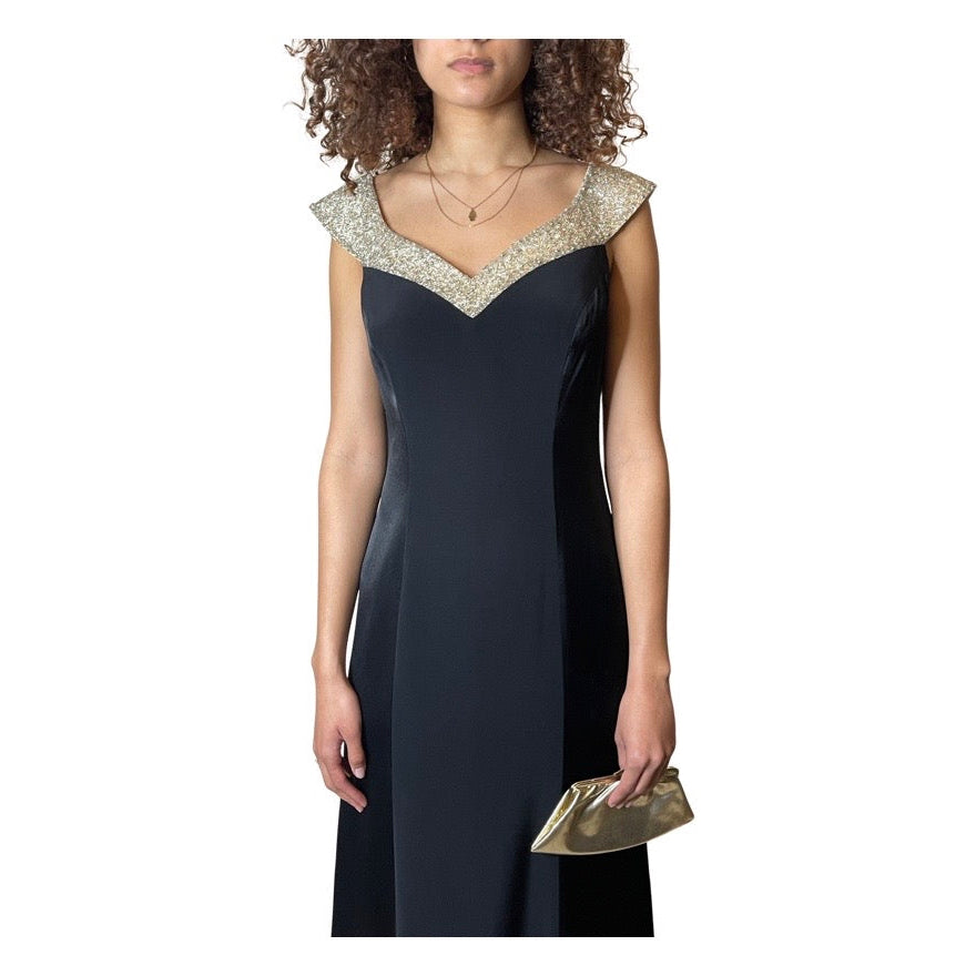 Vintage 1990's Black Crepe / Satin & Silver Beaded Dress UK 12