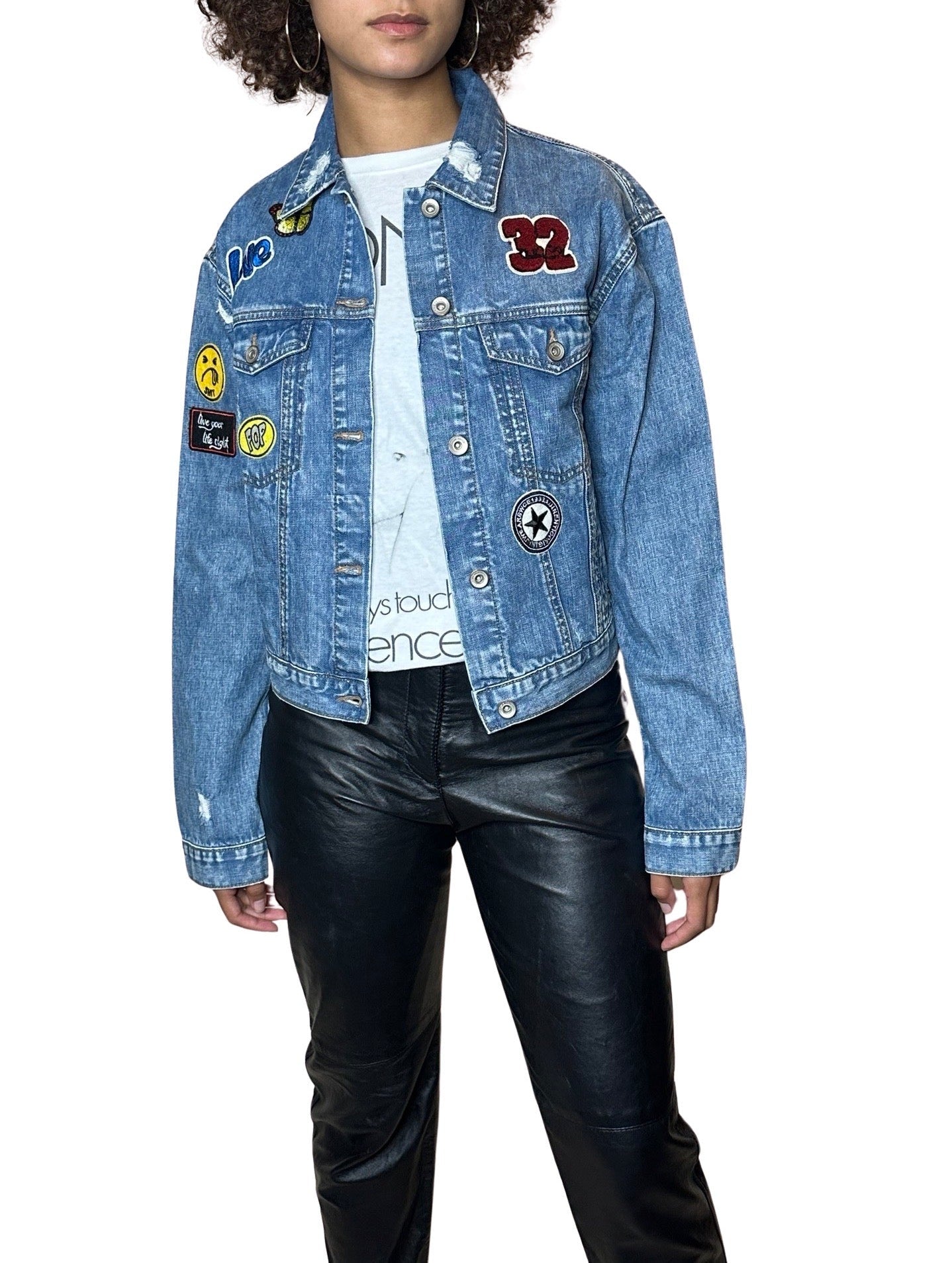 Vintage Blue Distressed Denim Patch Jacket UK 8 - 14
