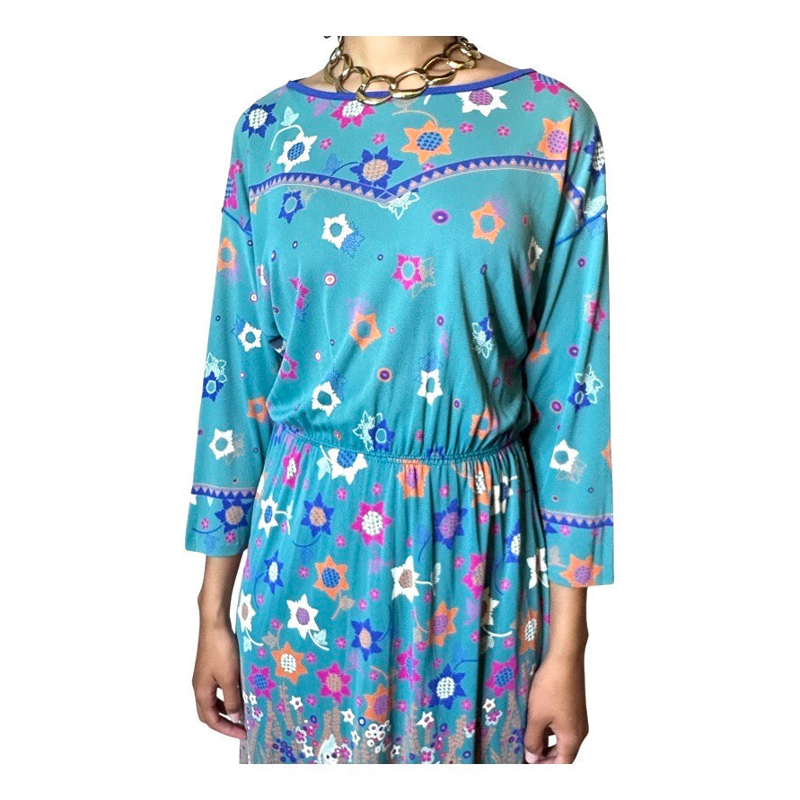 Original Vintage Virginie Paris Turquoise Floral Print Dress UK 8 - 12