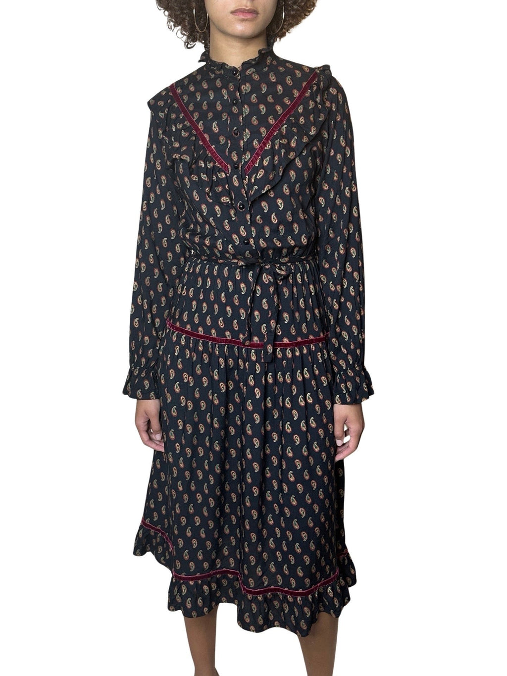 Original 1980's Vintage Paisley Print & Velvet Trim Black Dress UK 8 - 10